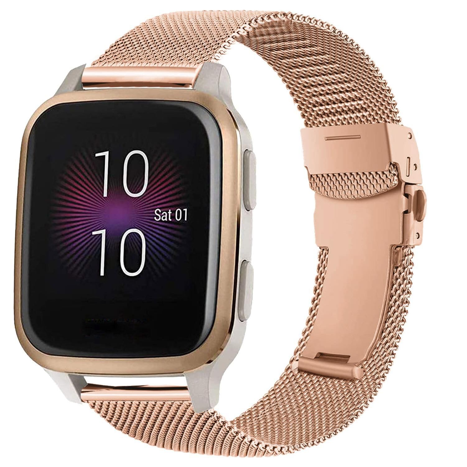 ahayo 20mm Watch Strap for Garmin Venu Sq/Venu 2 Plus/Vivoactive 3, Metal Mesh Stainless Steel Wrist Band with Double Fold-Over Clasp for Garmin Vivomove Sport, Approach S40 (Rose Gold)