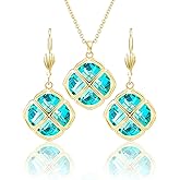 Qinpan 14MM Crystal Pendant Necklace Earrings Sets for Women 14K Glod Plated Jewelry