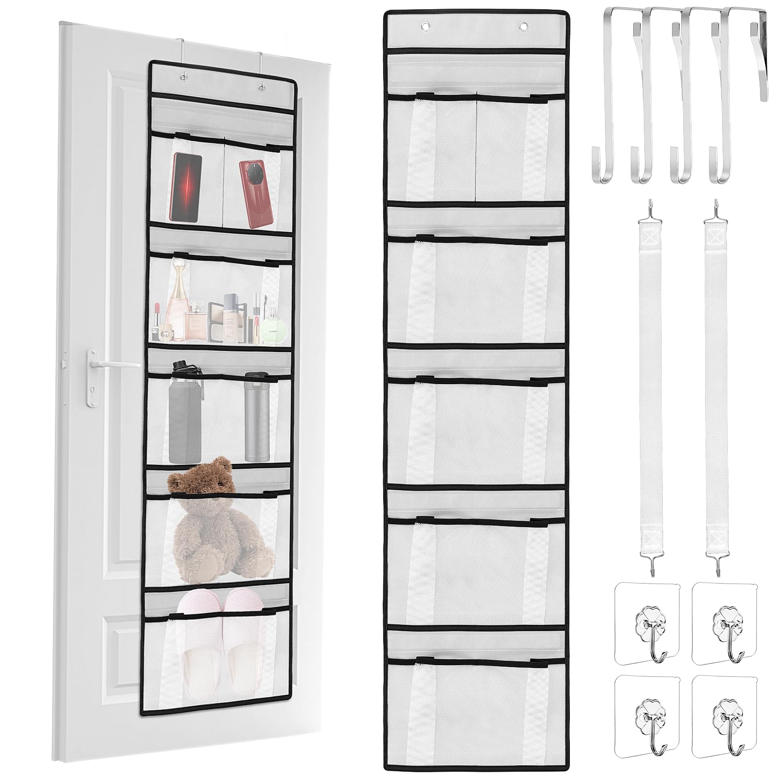 Hysagtek 2 Pack Over the Door Storage Hanging Organiser 6 Mesh Pockets Organiser Shelves Behind Door Storage Large Capacity Wall Mount for Bedroom Kitchen, Grey