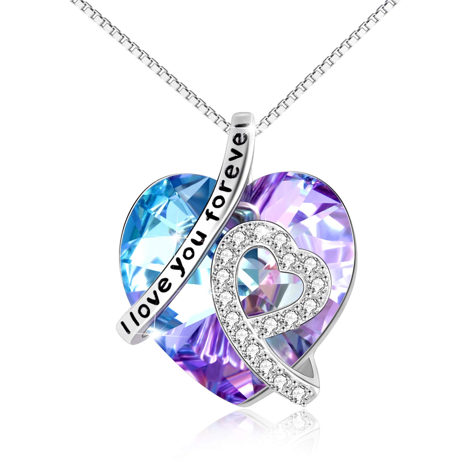 Sterling Silver I Love You Forever Heart Pendant Necklace with Birthstone Crystals, Birthday Wedding Anniversary Jewellery Gifts for Her Women Wife Mum Girlfriend (Purple) — image 1