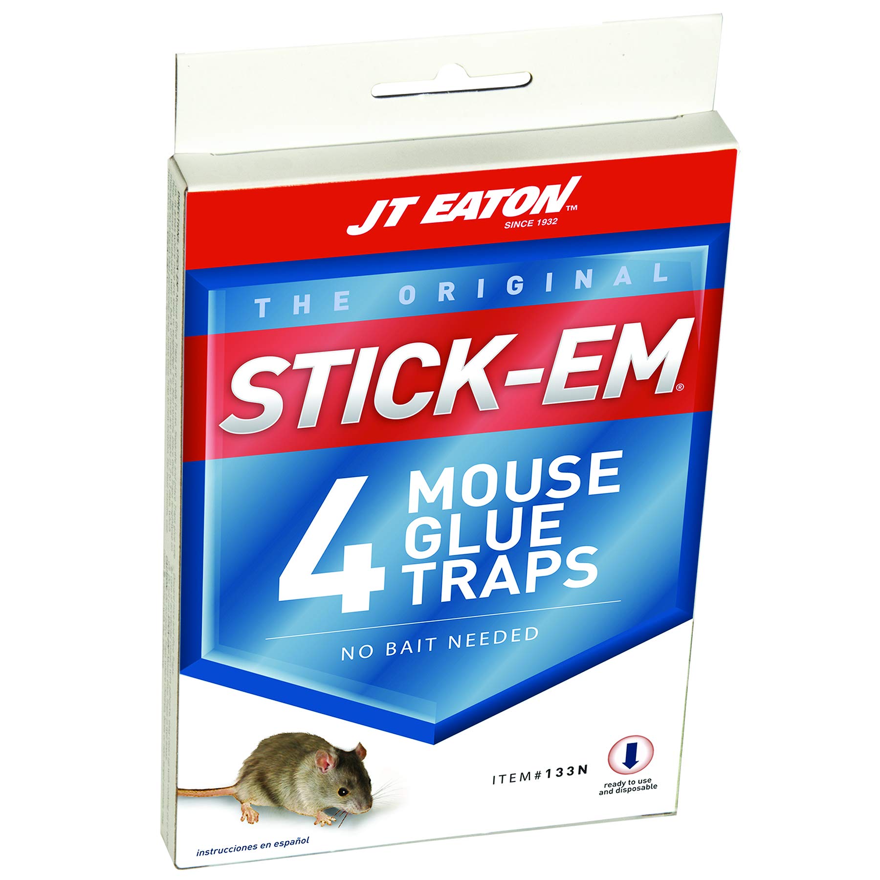 JT Eaton 133N Stick-Em Mouse Size Glue Trap, Set of 4 - Indoor & Outdoor Use, Non-Toxic, No-Mess