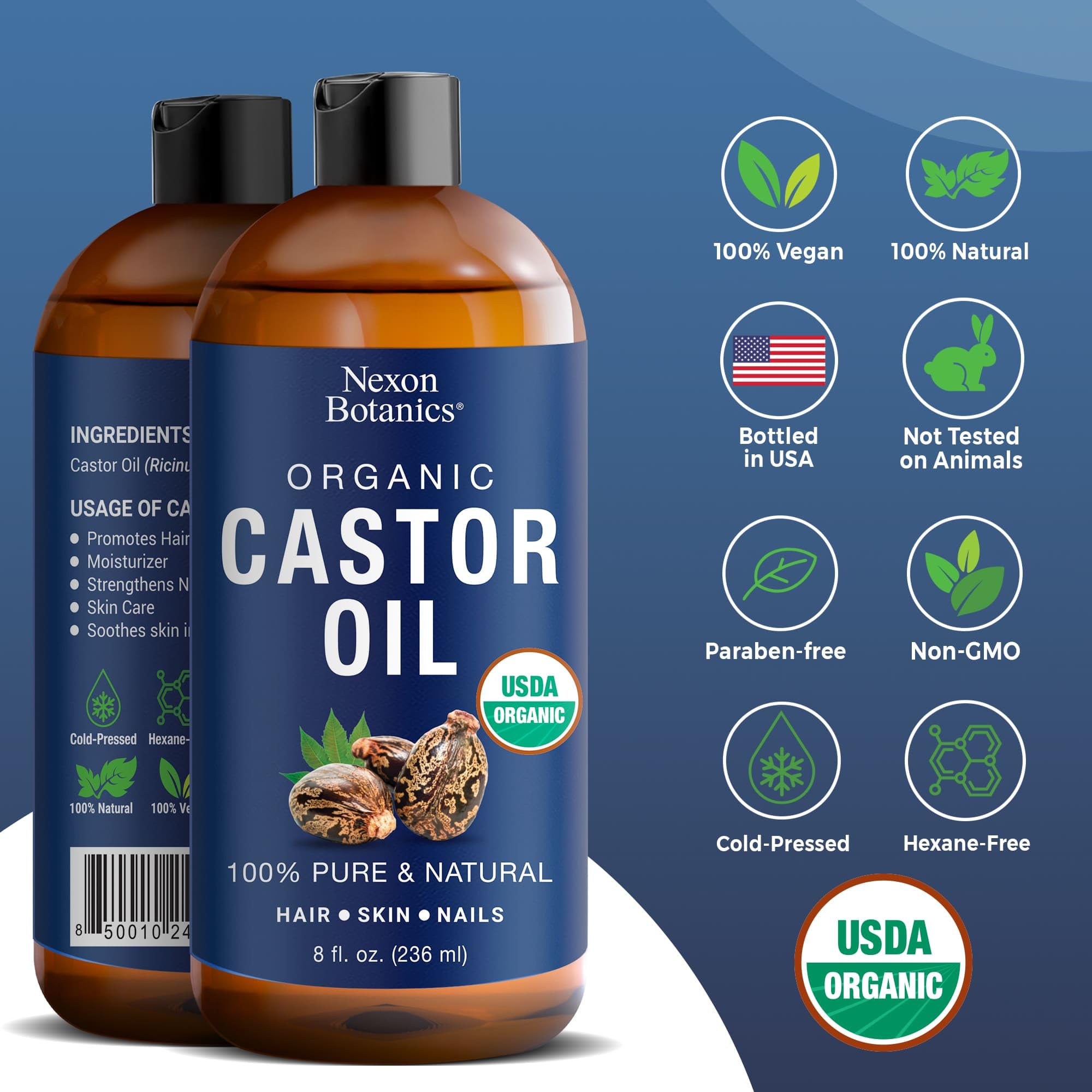 Organic Castor Oil for Hair Growth 8 fl oz - Cold Pressed, Unrefined Castor Oil for Skin, Hair, Eyelashes, Eyebrows, and Body - Aceite De Ricino Organico