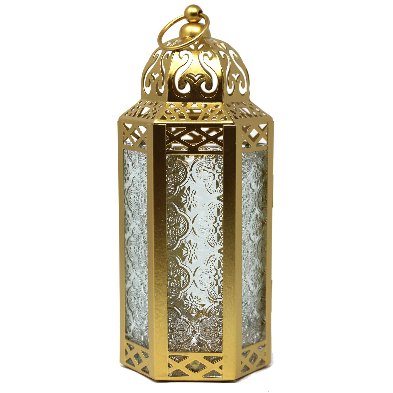 VELA LANTERNS Gold Moroccan Candle Lantern Decorative Candle Holder Lamp for Indoor Outdoor, Ramadan, Home Decor, Patio, Weddings Metal, Clear Glass, Medium Lantern