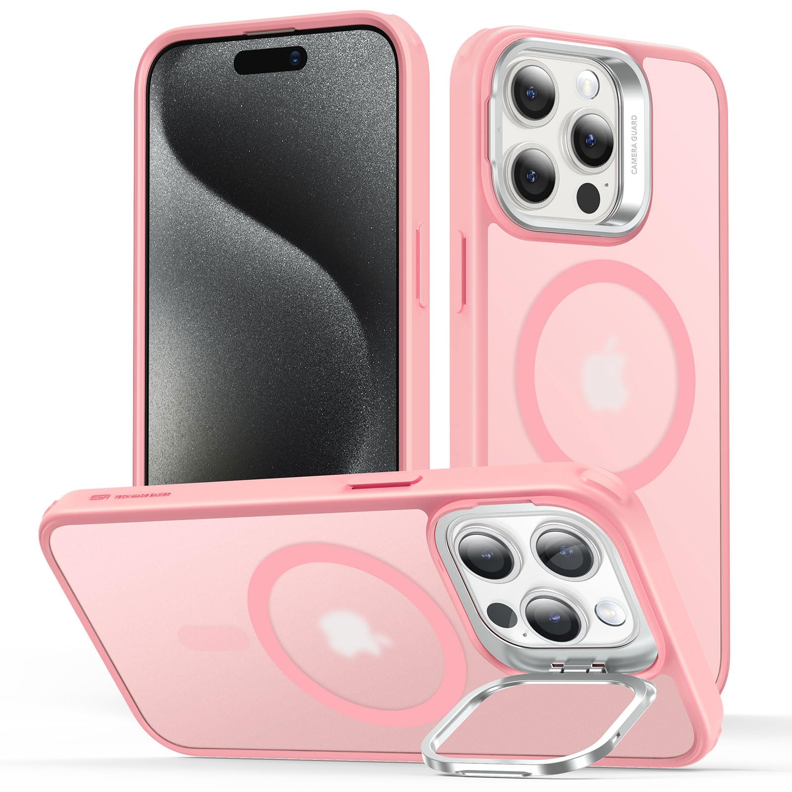 Photo 1 of ESR for iPhone 15 Pro Max Case, Compatible with MagSafe, Military-Grade Protective Case, Built-in Stash Stand Phone Case, Scratch-Resistant Back Cover, Classic Series,Frosted Pink