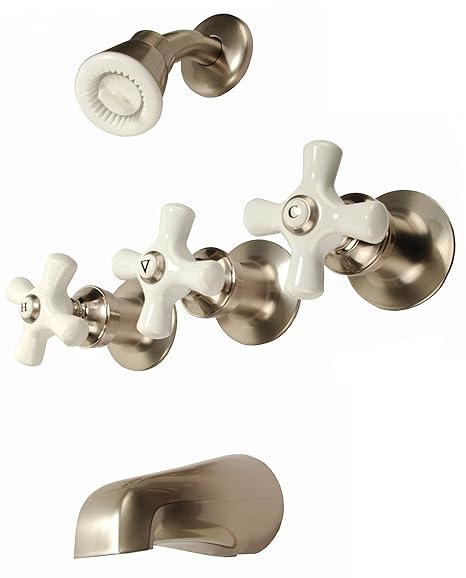 3 Handle Tub Shower Faucet Satin Nickel Finish Porcelain