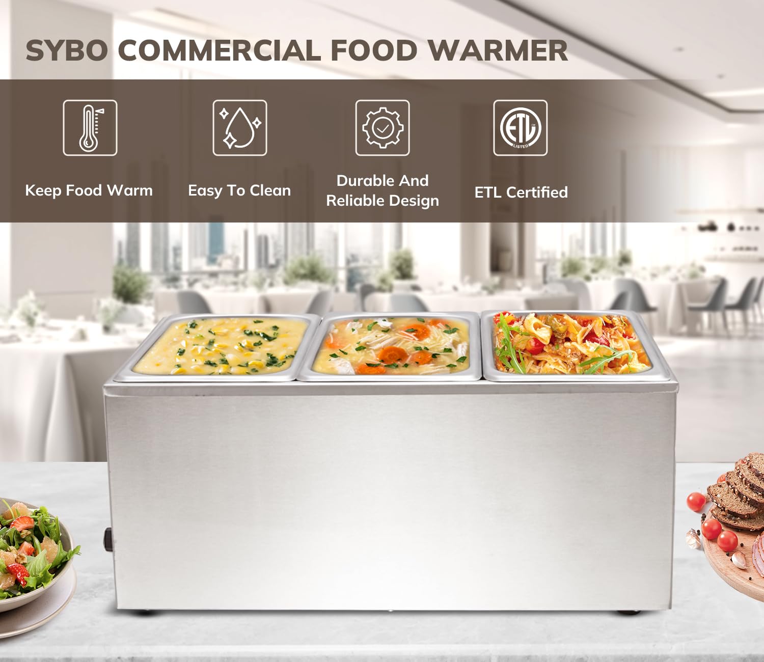 SYBO Food Warmer Commercial Grade Stainless Steel Bain Marie Easy to Clean Steam Table for Buffet Catering and Restaurants, ETL, CE ROHS Certified for Commercial, Safety (3 Sections)