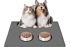 CINEZUN 32"x24" Large Silicone Pet Feeding Mat, Waterproof Non-Slip Dog and Cat Bowl Mat for Food & Water, Durable Floor Protector to Prevent Spills, Easy to Clean, Dark Gray