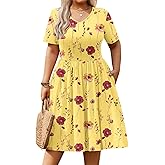 IN'VOLAND Women's Plus Size Short Sleeve Dress Summer Casual V Neck Knee Length A-Line Loose T-Shirt Dress with Pockets