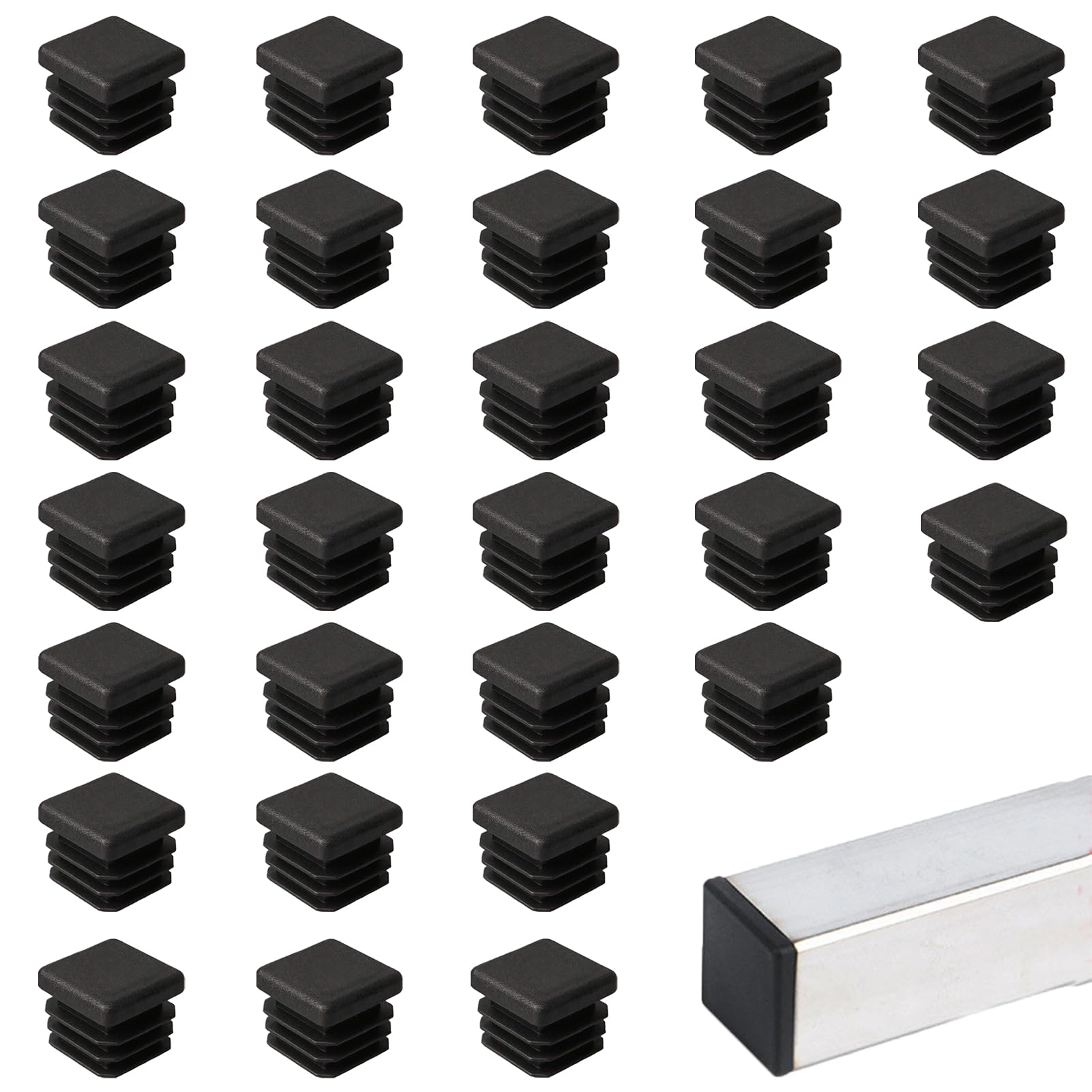 30 Pcs Square Plastic End Caps, Plastic Hole Plugs 20x20mm Tube Ribbed Inserts End Caps Black Inner Plugs, Furniture Foot Plug Cover Blanking End Caps Fence Post Plugs For Tables Desks Chairs