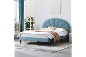 VELOCAVA Full Bed Frame with Seashell Headboard, Velvet Upholstered Platform Bed Frame Full with Wooden Slats Support, No Box Spring Needed, Easy to Assemble, Blue