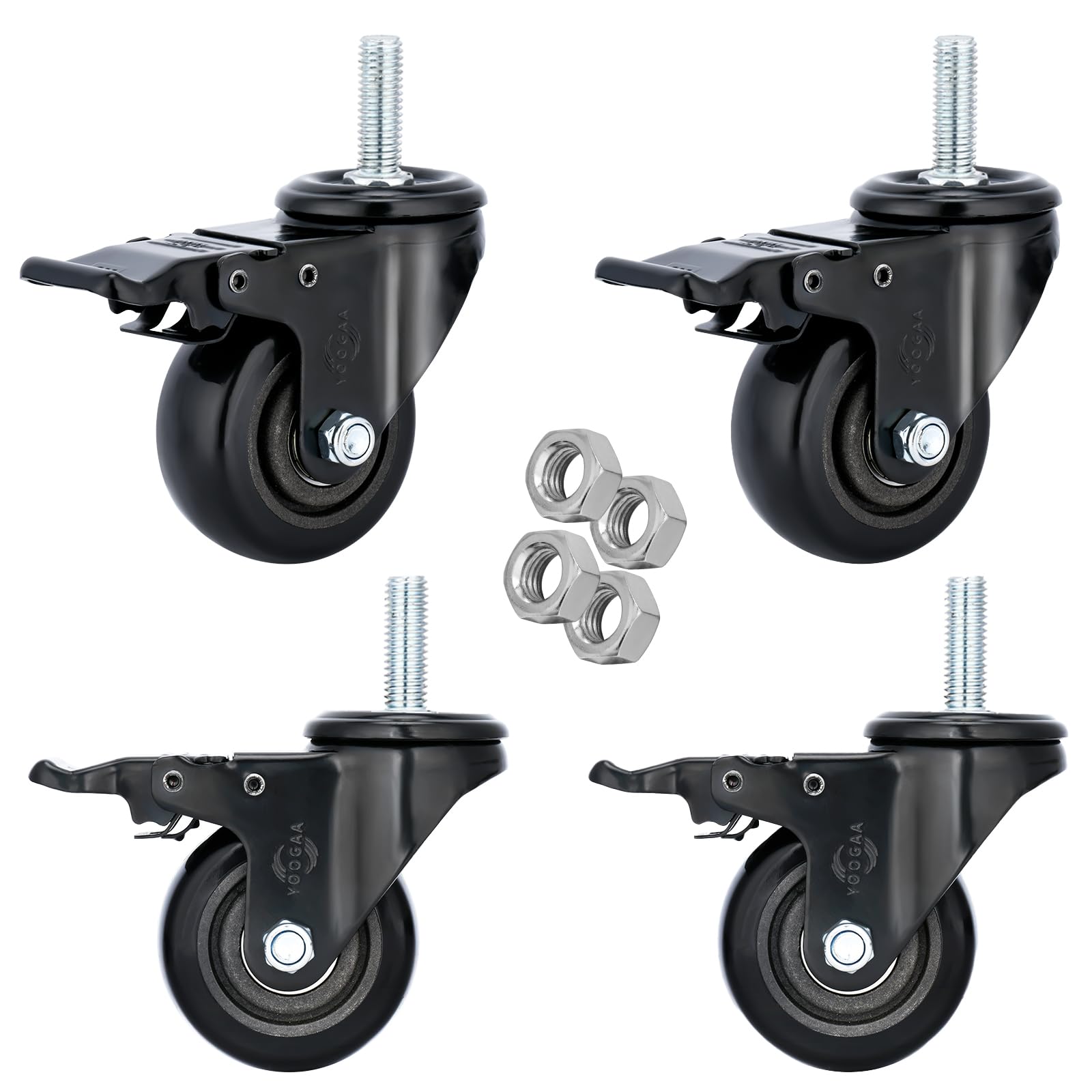 Photo 1 of 3" Stem Casters Heavy Duty Swivel Threaded Stem Caster Wheels with American Size 1/2”-13x1.5” Thread Dual Locking Wheel with Brakes Pack of 4