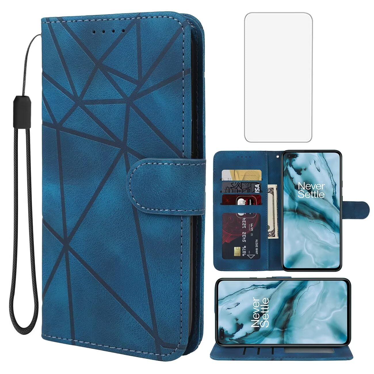 Wanyuexes Case for Oneplus Nord Case. Oneplus Nord 5G AC2003 Wallet Case with Tempered Glass Screen Protector, Skin Feel Leather Flip Credit Card Holder Stand Phone Cover for Oneplus Nord 5G Blue