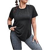 OYOANGLE Women's Plus Size Workout Tops Geo Short Sleeve Curved Hem Sports Tee Breathable Athletic T Shirts