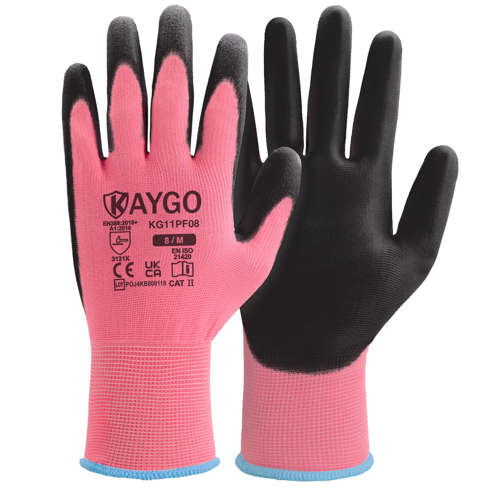 KAYGO Work Gloves PU Coated 12 Pairs, KG11PF, Safety Working Gloves with Secure Grip on Palm & Fingers, for Men and Women, Ideal for General Duty Work, Gardening(Medium, Pink) — image 1