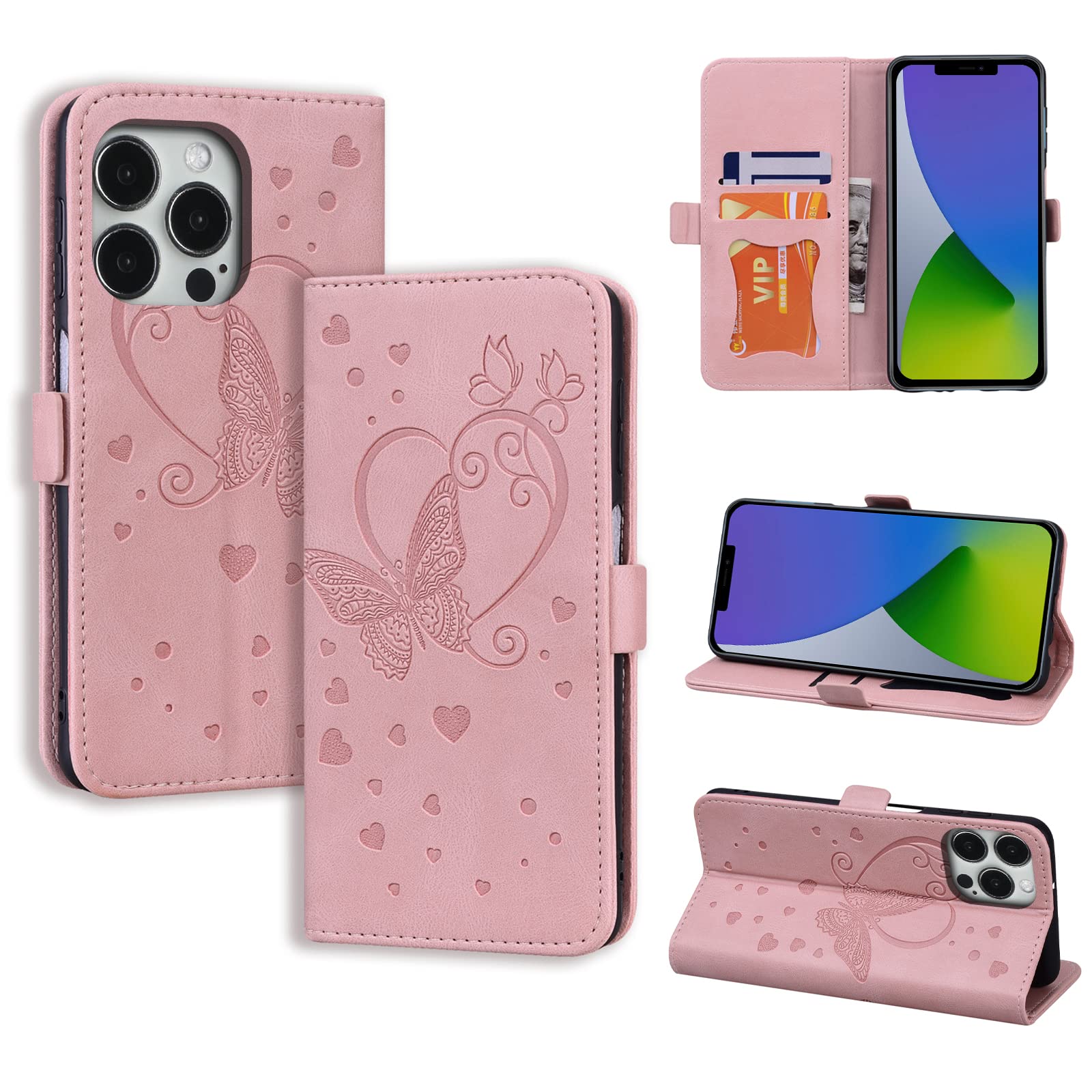 CASAFUNY Case for iPhone 14 Pro Case Flip Wallet Leather Case with Card Holder Kickstand Magnetic Closure Protective Phone Case Cover for iPhone 14 Pro, Pink