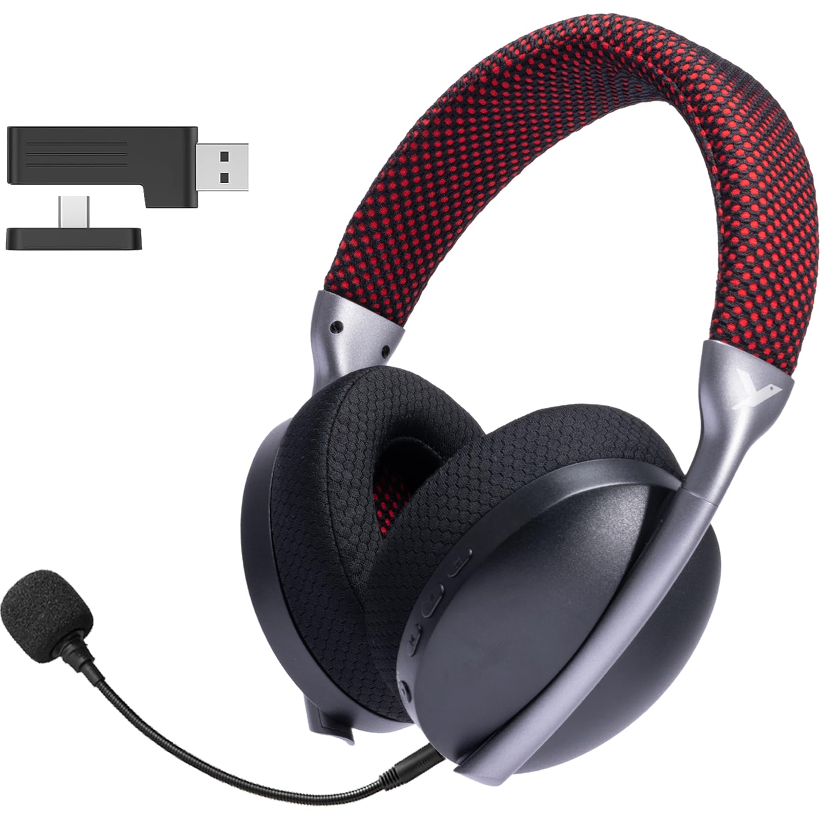 Photo 1 of 2.4GHz Wireless Gaming Headset for PS5, PS4,Switch,PC, Noise Canceling Mic, 15ms Low Latency, USB &Type C Adapter,35H Battery,3D Surround Sound Bluetooth5.3 Headphone for Phone, Mac, Laptop (Red)