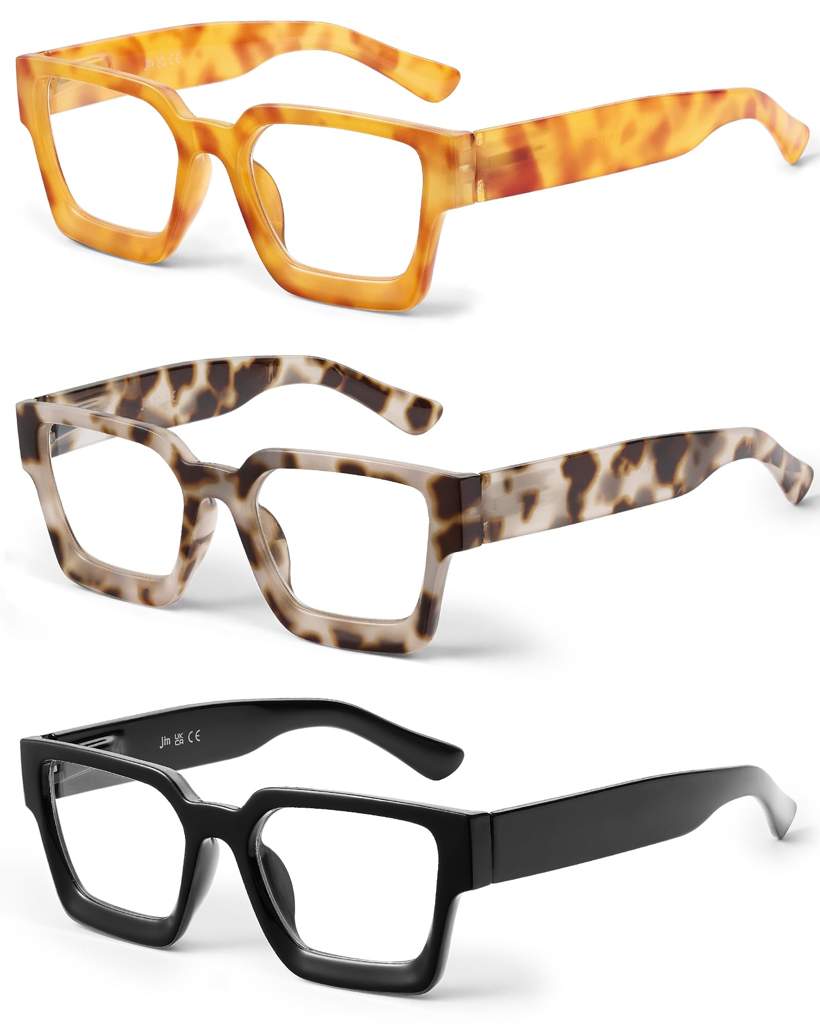 JM 3 Pack Square Reading Glasses, Blue Light Blocking Computer Reader for women men +1.75