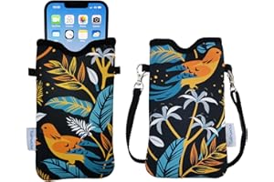 Tainada Men Women Neoprene Phone Sleeve Pouch Case Bag with Crossbody Strap/Neck Lanyard for iPhone 15/14 /13 Pro Max, 15/14 Plus Samsung S24, S23+, A54, Google Pixel 8 (Birds Floral Navy Blue)