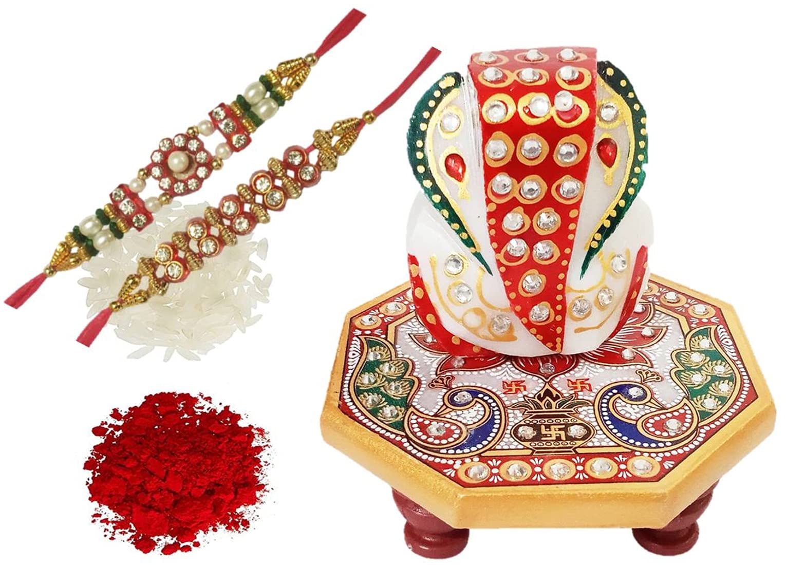 Purpledip Bhai Dooj Rakhi Set For Brother: Designer Marble Chowki Ganesha, Set of 2 Rakhi & Roli Chawal Tika (rakhi1e)