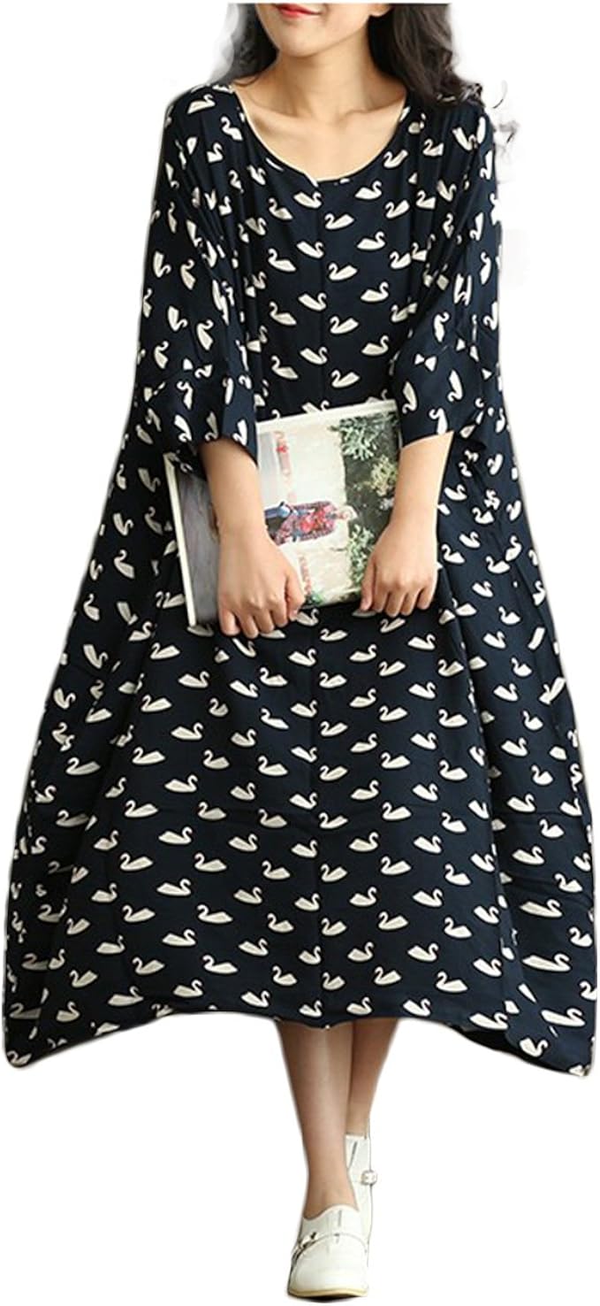 Amazon Co Jp ビビショー レディース ワンピース 鶴柄 大きいサイズ ゆったり 五分袖 オーバーサイズ 大きいサイズ ゆったり コットン 服 ファッション小物