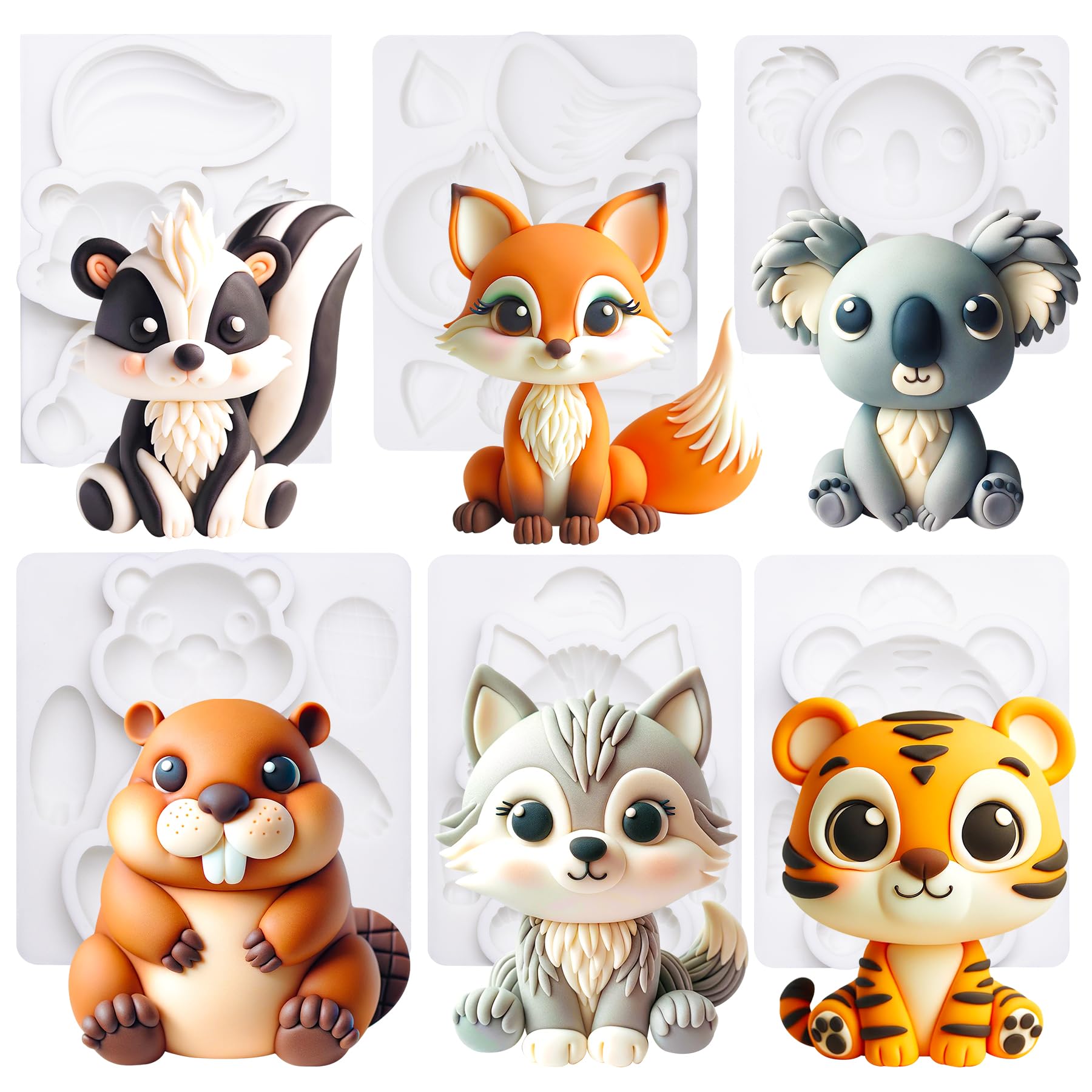 Fondant Mould Silicone Woodland Animal Cake Topper 6-count Kit Fox Wolf Tiger Koala Skunks Beavers — image 1