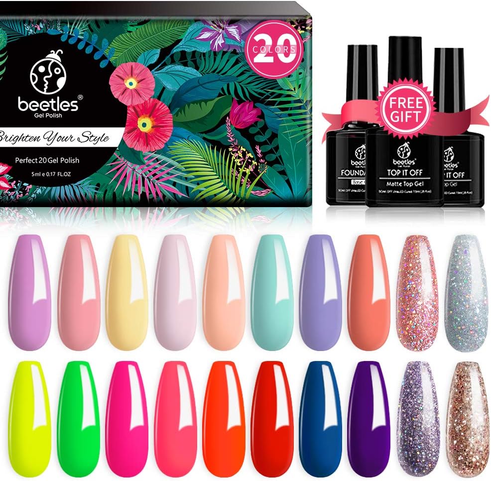 Beetles 20 Pcs Gel Nail Polish Kit, Spring into Summer Collection Soak Off Nail Gel Polish Pastel Nail Polish Neon Gel Polish Starter Kit with Glossy & Matte Top Coat and Base Coat : Beauty