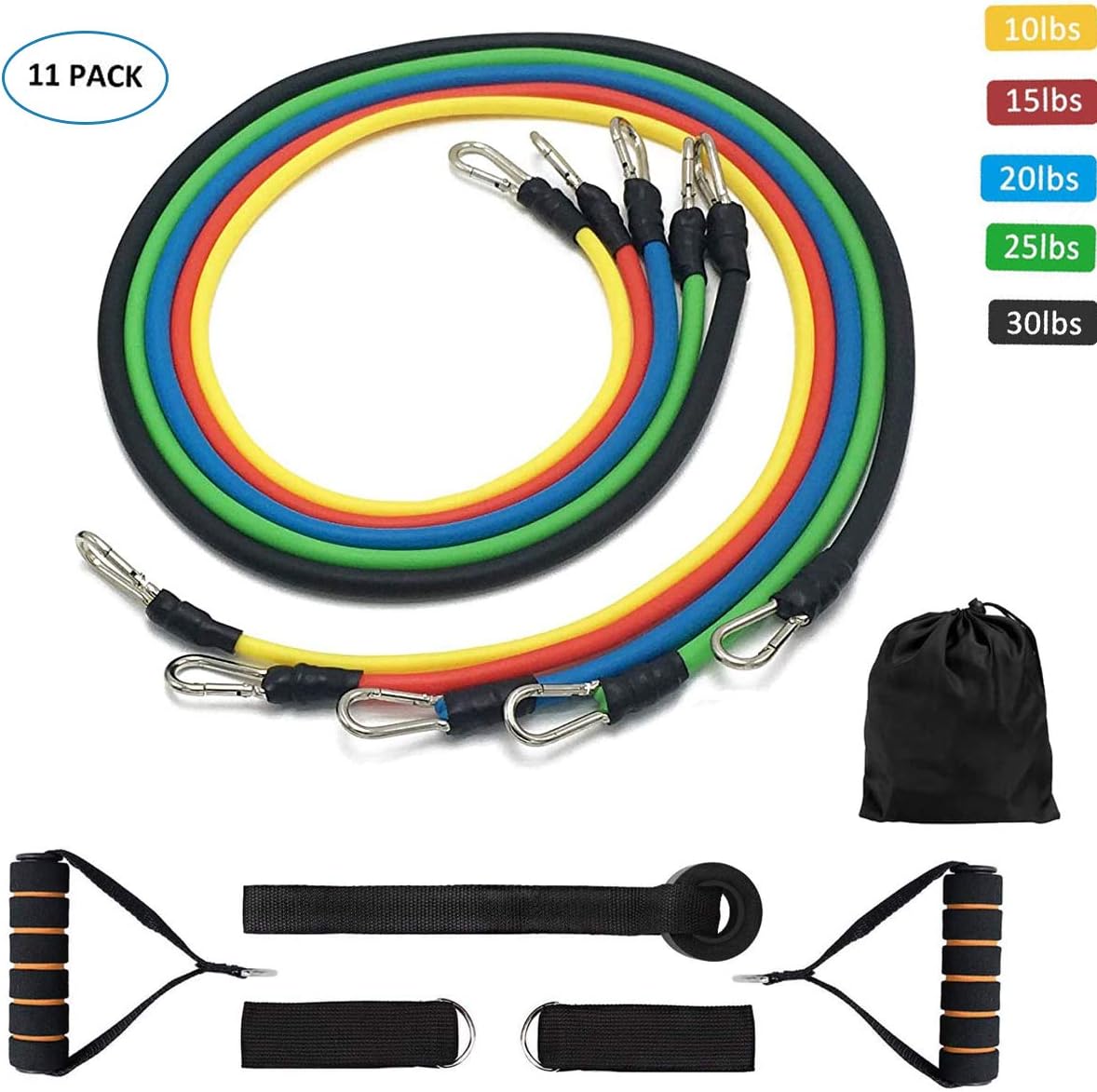 11Pcs Exercise Resistance Bands Set, Fitness Stretch Workout Bands Cord with 5 Tubes, 2 Hand Grips, Door Anchor, Ankle Straps, Carrying Pouch-Yoga, CrossFit, Pilates for Physio Home Gym Equipment