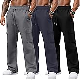 August Alley 3 Pack Men's Cargo Sweatpants Drawstring Straight Leg Pants Casual Lounge Baggy Open Bottom Jogger with Pockets(Black, Dark Blue Gray, Dark Gray,Large)