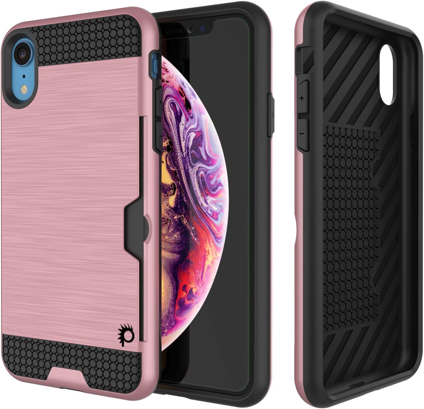 iPhone XR Case, PUNKcase [Slot Series] [Slim Fit] Universal Armor Cover w/Integrated Anti-Shock System, Credit Card Slot & Tempered Glass Screen Protector for Apple iPhone XR [Rose Gold]