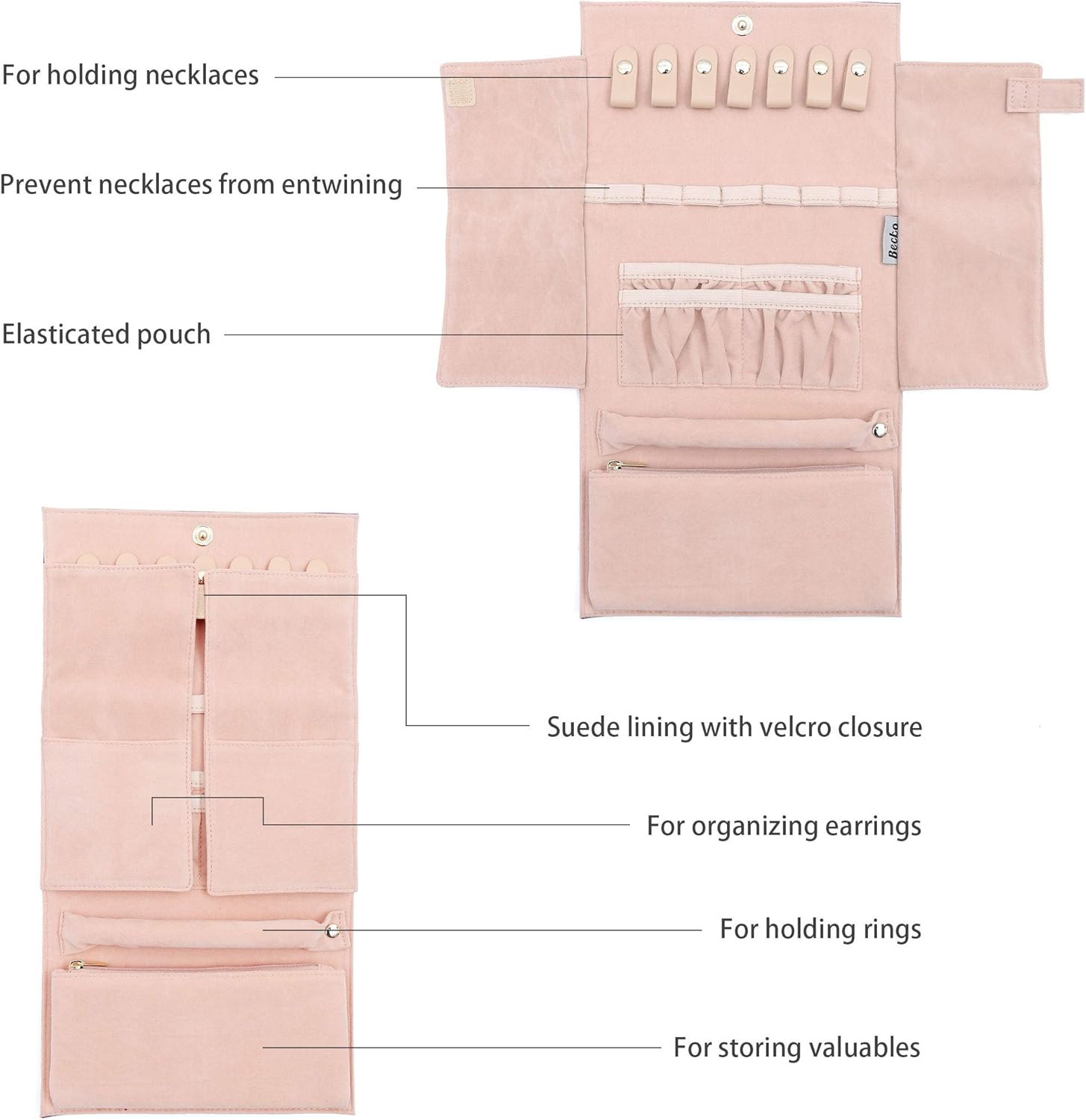 Becko Jewellery Organizer Roll Travel Jewel Bag case for Multiple Necklaces Rings, Bracelets, Supple Leather & Suede - Image 4