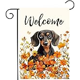 Floral Dachshund Garden Flag Fall Yard Flag Wildflower Dog Garden Flags Orange Autumn Lawn Flags Welcome Thanksgiving Outdoor Flags for Outside 12x18 Double Sided Small
