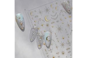SIDREEA Gold Moon Star Nail Art Stickers, 3D Bronzing Nail Stickers for Nail Art, Self-Adhesive Nail Design Sticker Luxury Decals for Women Girls Design, Manicure Decoration (1 Sheet)