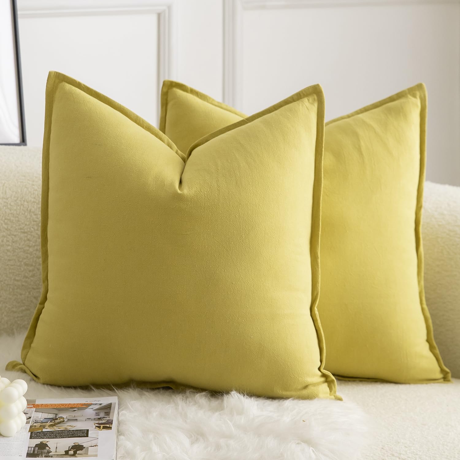 Mandioo Pack of 2 Neutral cotton Cushion Covers 50x50 cm 20x20 inch Solid Decorative Couch Throw Pillowcase Boho Farmhouse Home Decor for Sofa Living Room Bed Bedroom Mustard yellow