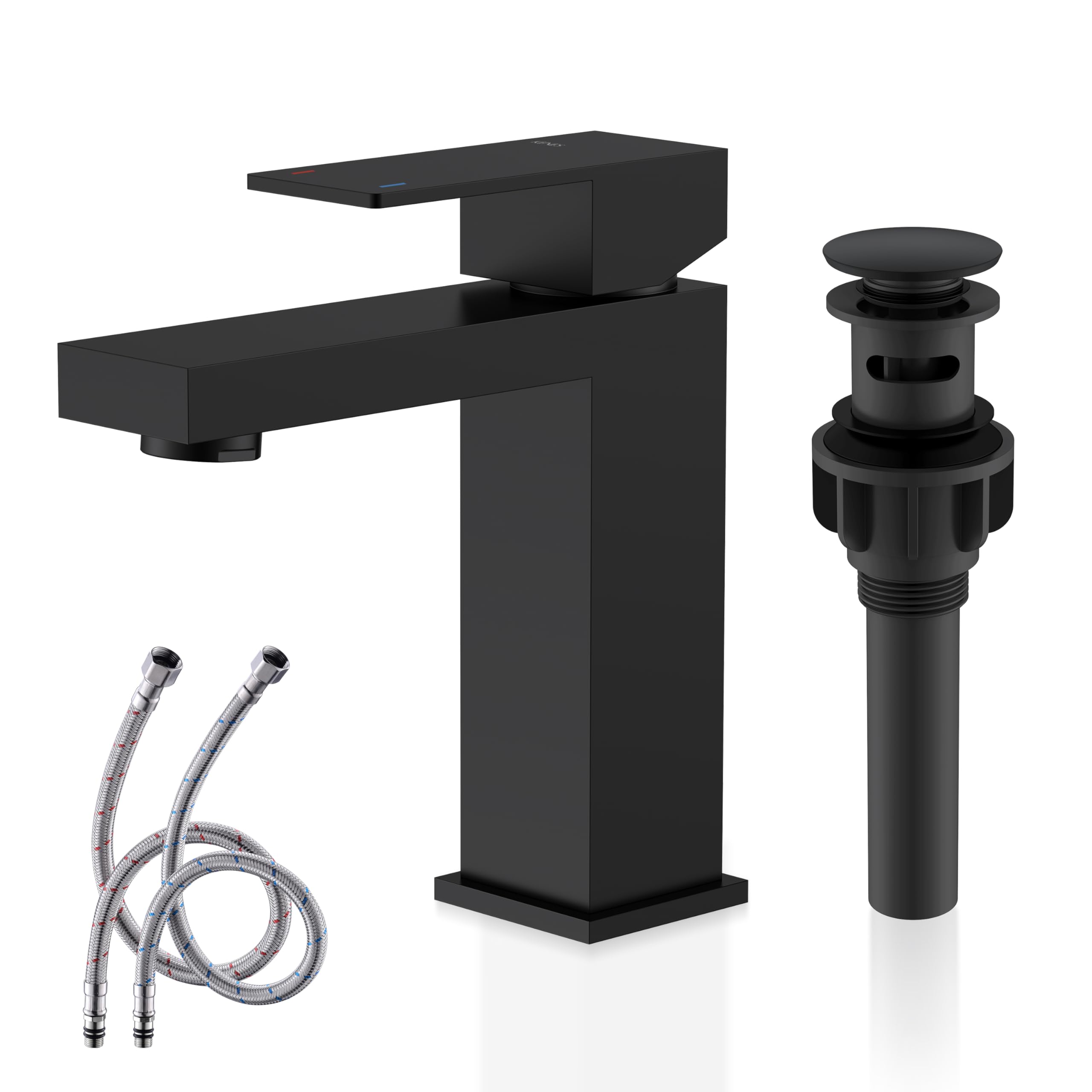 Photo 1 of KENES Matte Black Single Handle Bathroom Sink Faucet, Stainless Steel Vanity Faucet for Bathroom Sink, with Pop Up Drain Stopper & Water Supply Hoses LJ-9031-2