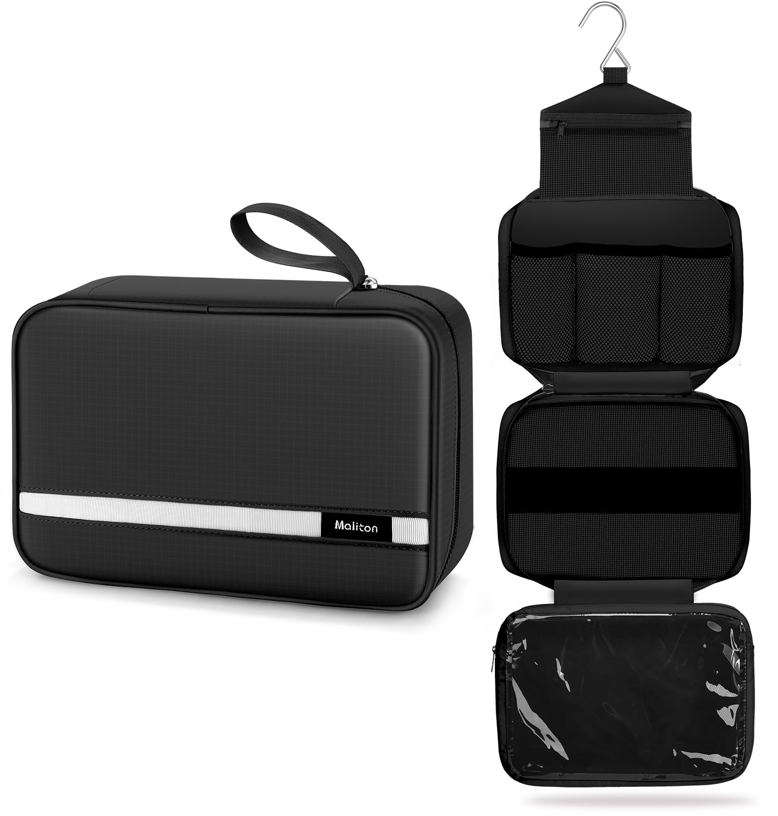 Maliton Toiletry Bag for Men & Women Travel Toiletry Bag Hanging Toiletry Bag Hygiene Organizer with 4 Compartments Waterproof Bathroom Shower Bag Large Toiletries Travel Bag(Black)