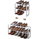 YAMAZAKI Home Expanding Shoe Rack, Metal, Adjustable Steel One Size White | Adjustable shoe rack with an expanding design. Steel design adapts to closet or entryway space. Holds 6-12 pairs of shoes.
