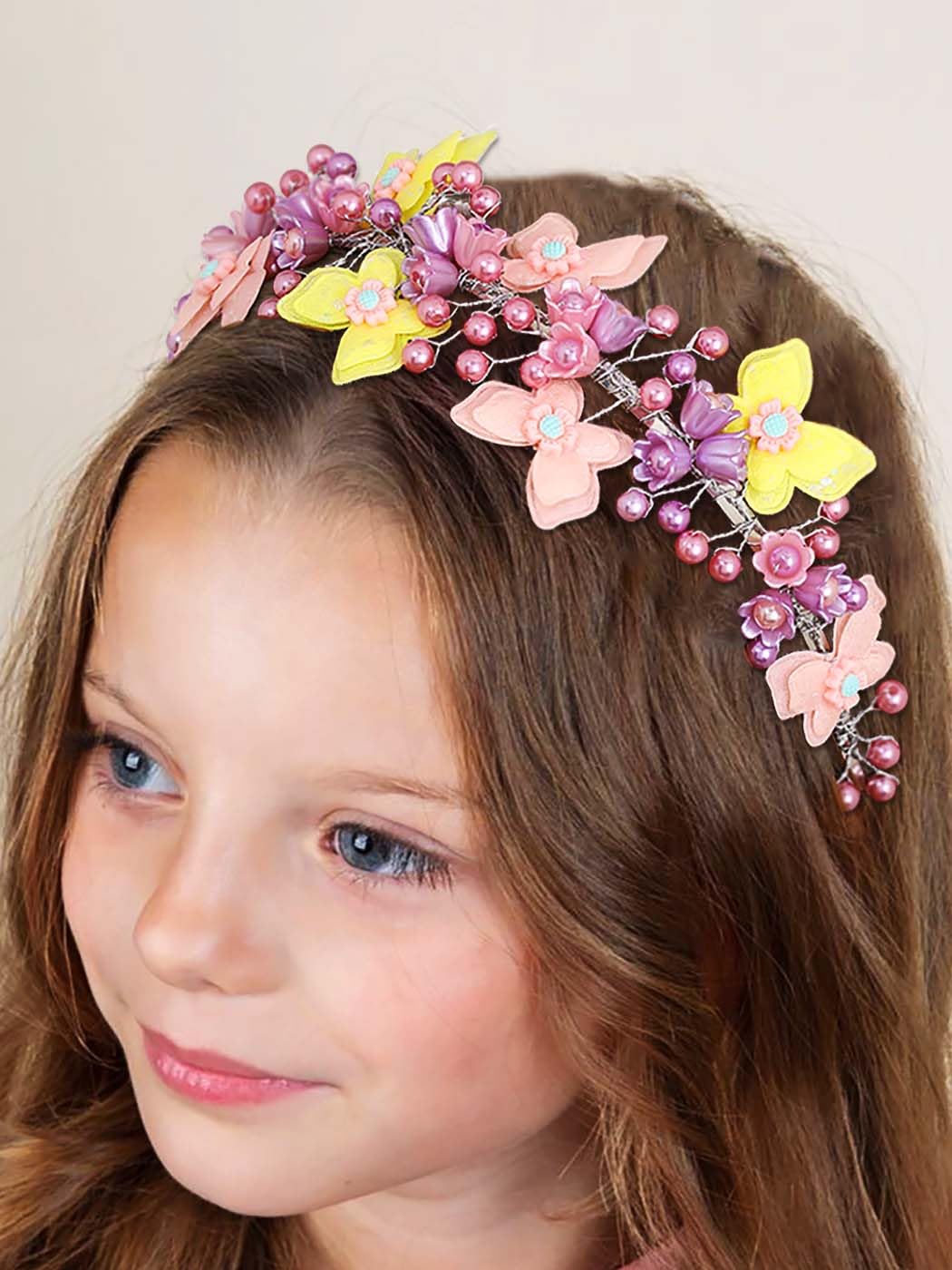 IYOU Princess Wedding Headband Purple Butterfly Hair Bands Pearl Communion Bridal Hair Accessories for Girls