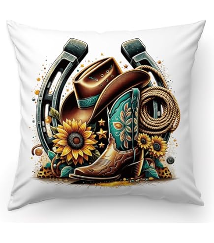 Cowgirl Throw Pillow Cover - Western Boot Flower Design 18x18 Inch Linen For Bedroom Decor