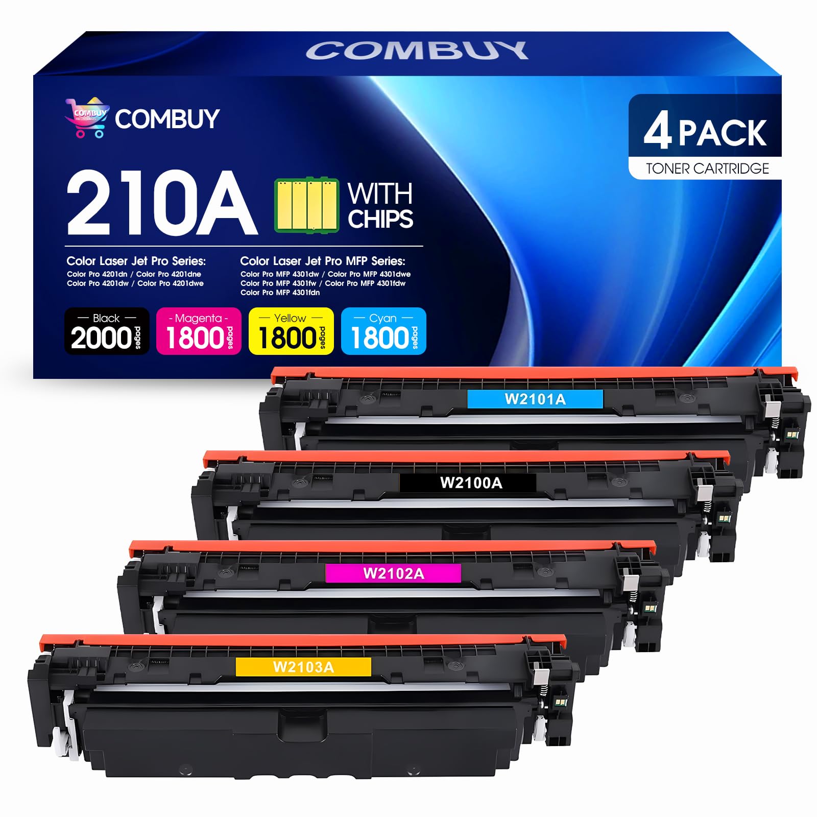 Photo 1 of 210A Toner Cartridges 4 Pack 210X Replacement for HP 210A W2100A 210X W2100X High Yield for HP Color Laserjet Pro MFP 4301fdw 4301fdn Pro 4201dw 4201dn Series Printers (BK/Y/C/M, with Chip)