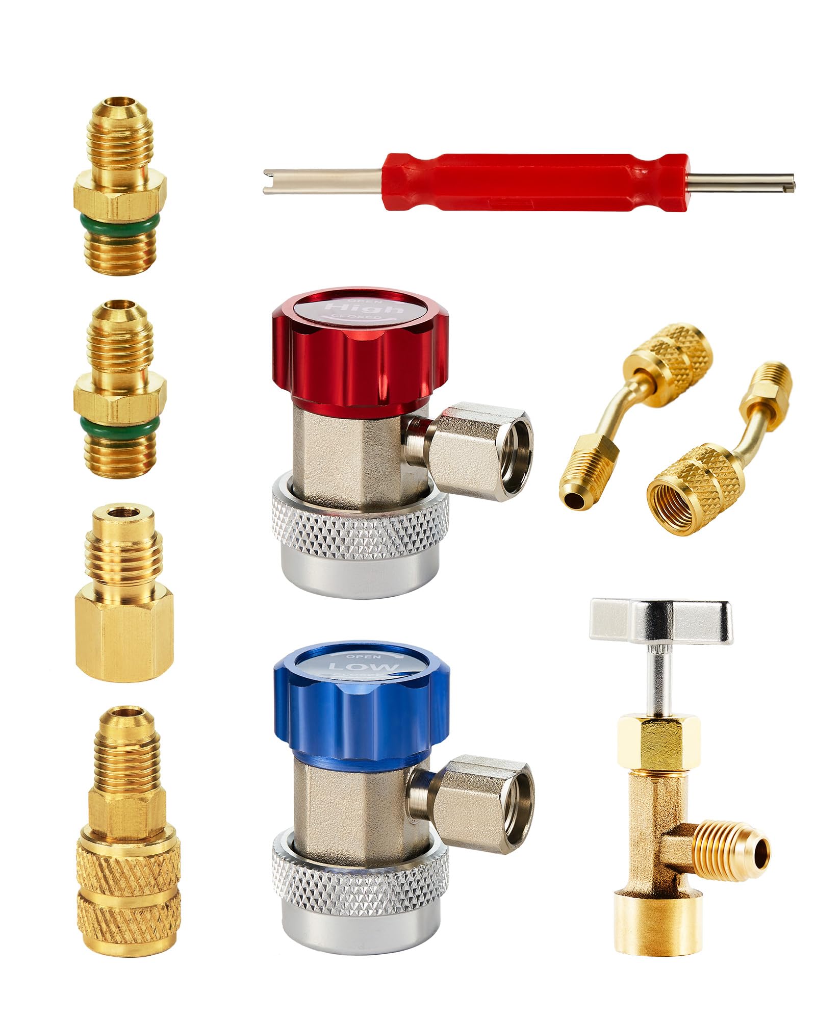 Photo 1 of Orion Motor Tech AC Adapter Tool Kit, 8-Piece AC Gauge Hose Conversion Adapters Including R134A Can Tap, R134A Quick Couplers, R410 Adapters, Tank Adapter and Valve Core Remover