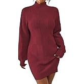 Pink Queen Women's Mock Neck Sweater Dress 2025 Lantern Long Sleeve Loose Plaid Cocktail Party Knit Mini Dress Outfits