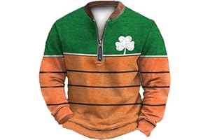 Men's St Patrick's Day Quarter Zip Sweatshirt with 3D Shamrock Print Casual Green Irish Pullover Plus Size S-5XL