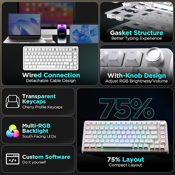 YUNZII B75 MECHANICAL KEYBOARD,75% LAYOUT WITH KNOB,HOT SWAPPABLE RGB BACKLIT GASKET MOUNTED, CREAMY TYPING, DOUBLE-SHOT PBT KEYCAPS,CHERRY PROFILE,FOR WIN/MAC (WHITE, BLUE GREY TACTILE SWITCH)