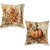 ONWAY Fall Throw Pillow Covers 18x18 Inch Set of 2 Vintage Pumpkin Decor | Pumpkin and Maple Leaves Autumn Decorative Lumbar Cushion Cases for Couch Sofa Bed Farmhouse Thanksgiving Seasonal Home