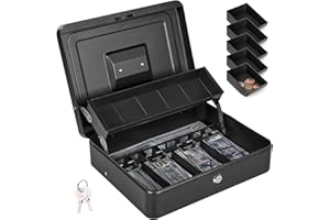 ZYNKORA Cash Box Metal Money Box with Tray & Key Lock,Tiered Locking Cash Boxes,Durable Lock Safe Box with Key,4 Bill 5 Coin Slots,Cantilever Design, Large