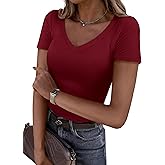 PRETTYGARDEN Women 2026 Spring Tops Trendy Ribbed Short Sleeve V Neck Fitted Basic Tee Shirts Casual Going Out Summer Outfits