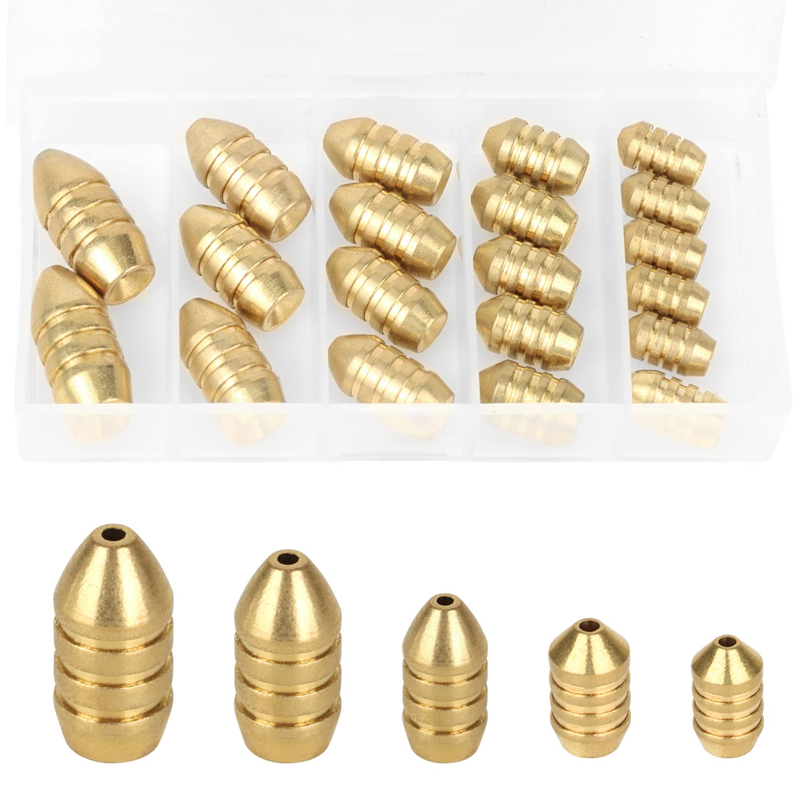 Realure 20 Pcs Brass Bullet Fishing Weights Sea Fishing Weights 5 Sizes Sinker Weights 1.8g 3.5g 5g 7g 10g Small Fishing Weight for Barrel, Beach, Carp, Shot, Sea Fishing Accessories