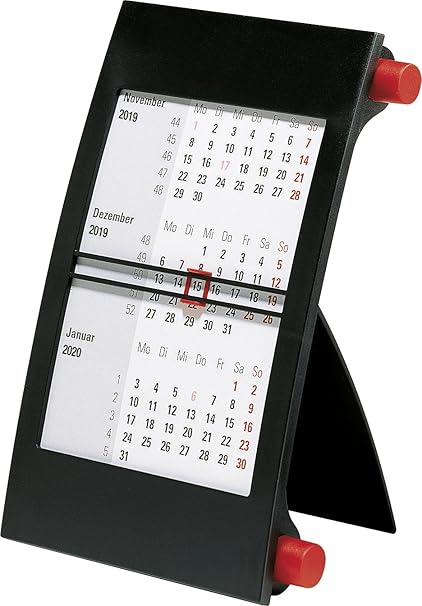 rido/idé 703800020 Drei-Monats-Tischkalender, 1 Seite = 3 Monate, 110 x 183 mm, Kunststoff-Rahmen mit roten Drehknöpfen, Kale