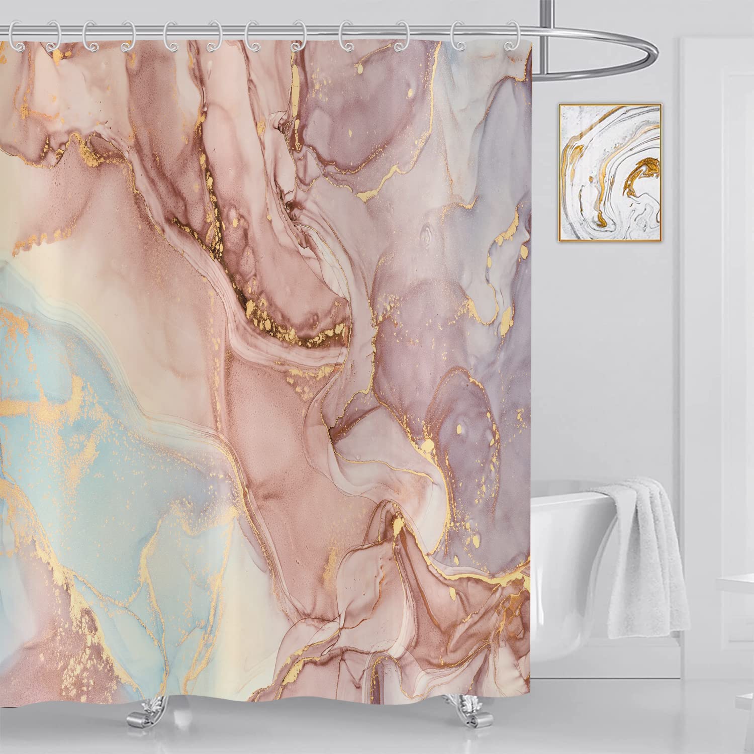ASDCXZ Shower Curtain Marble 165x180 cm, Modern Abstract Gold Orange Purple Marble Optic Texture Washable Fabric Shower Curtains Polyester Textile Waterproof Shower Curtain for Bathtub with 12 Hooks — image 1