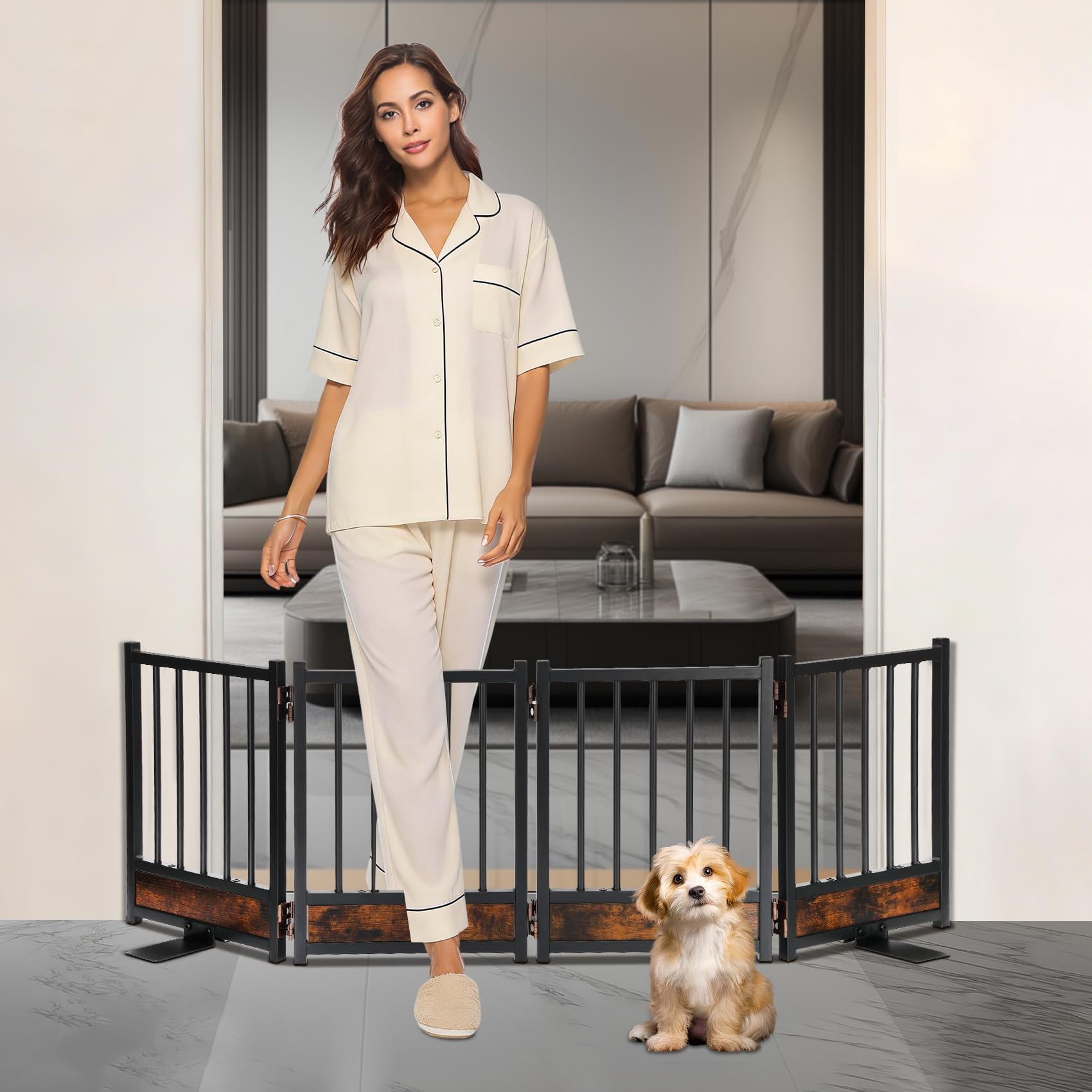 Photo 1 of Freestanding Short Dog Gate, 16" Tall Pet Gate Indoor with Support Feet Easily Step Over, 4 Panel Metal Wood Foldable Pet Dog Gate, Up to 48" Wide Puppy Fence, Puppy Gate for for Doorway&Hallway Black